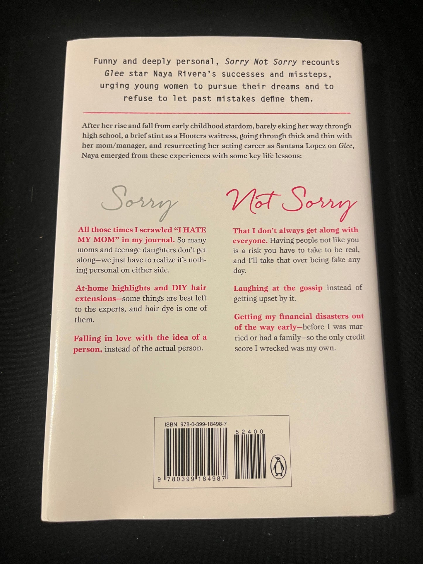 SORRY NOT SORRY: DREAMS, MISTAKES, AND GROWING UP by Naya Rivera